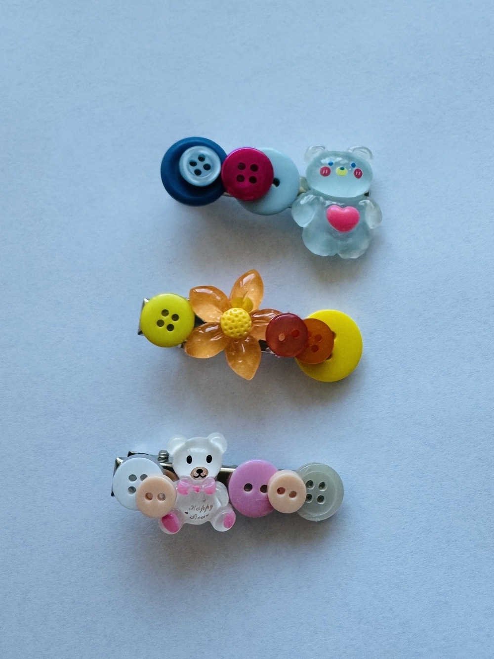 Colorful Kids Button & Bear Hair Clips - Multicolor